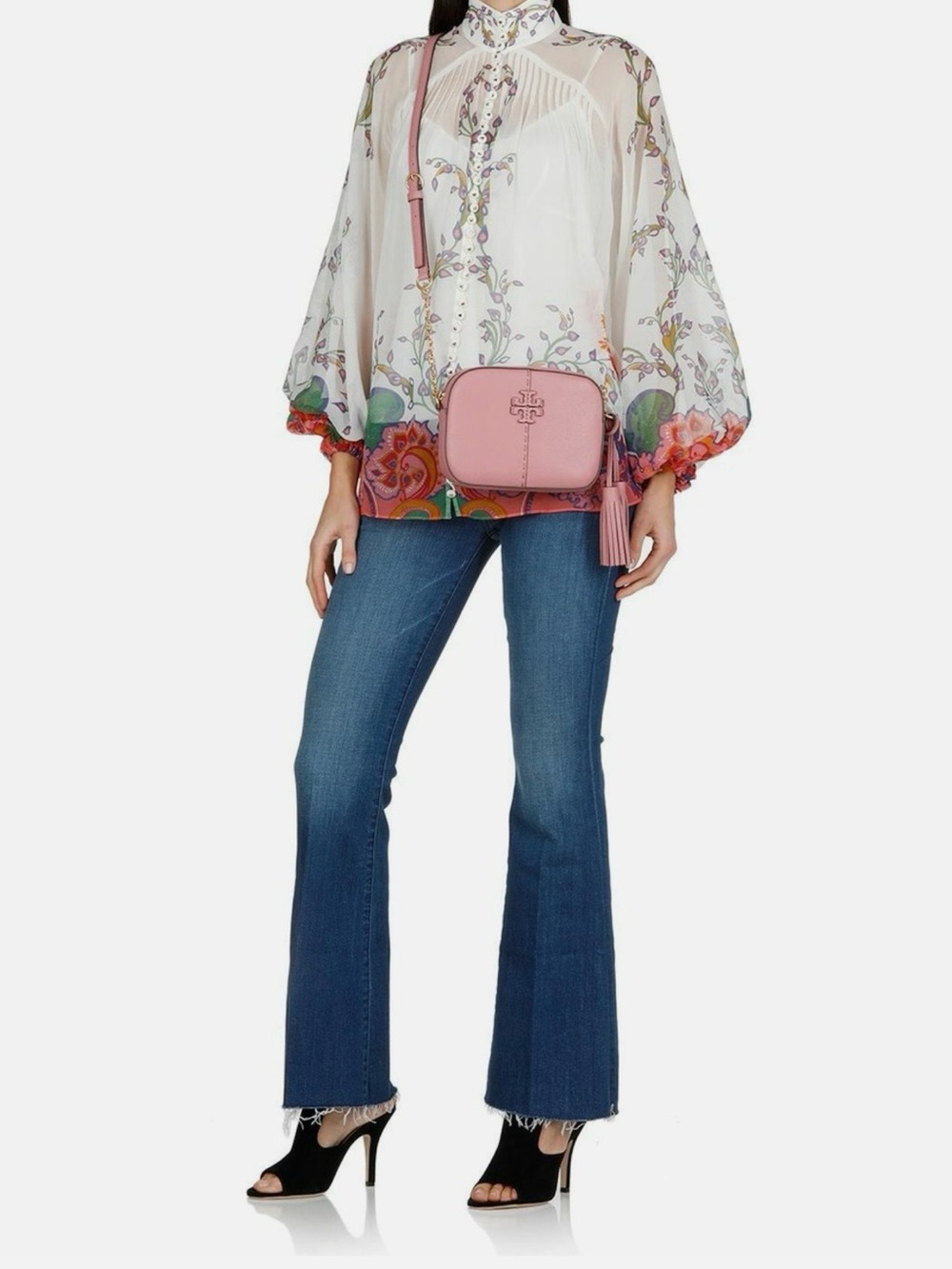 Tory Burch McGraw Pink Pebbled Leather Crossbody Camera Bag with Tassel Like New
